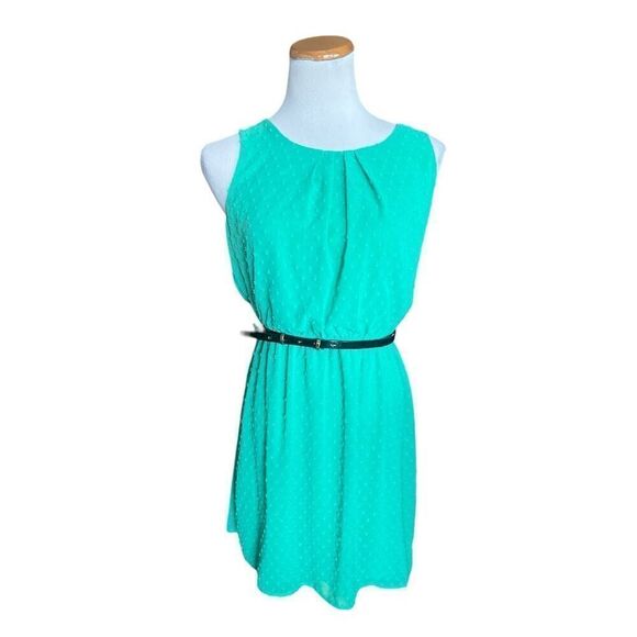 Womens Elle Teal Swiss Dot Sleeveless Classy Belted Shift Dress - Sz 8 - Picture 1 of 3